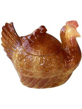 FAPCO Ceramic Hen & Chick Cookie Canister Jar Made in USA 7.5" Tall (READ)